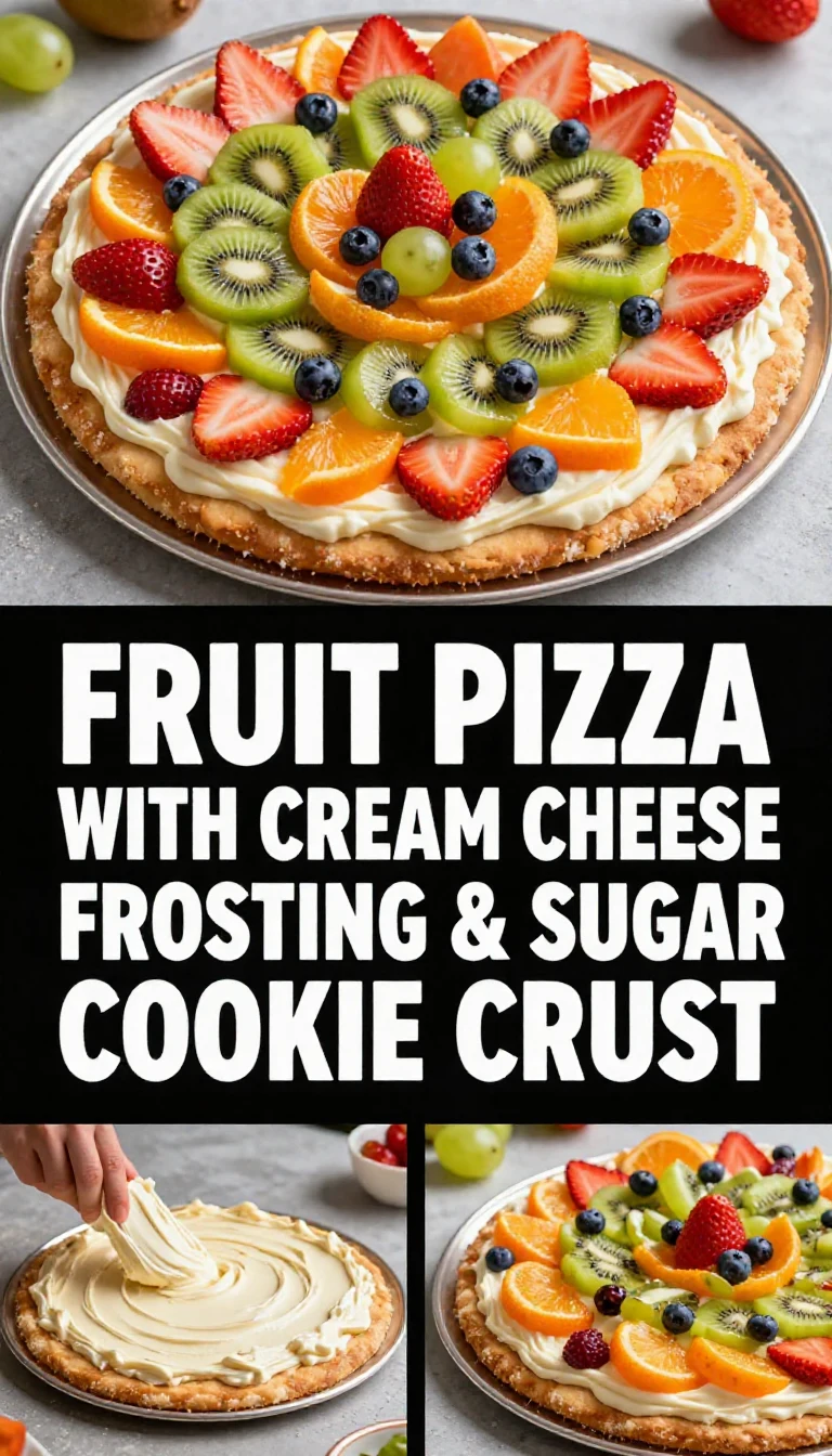 A colorful fruit pizza topped with fresh strawberries, kiwi, and blueberries on a sugar cookie crust.