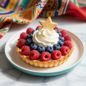 A colorful 4th of July fruit pizza decorated to resemble the American flag with strawberries and blueberries.