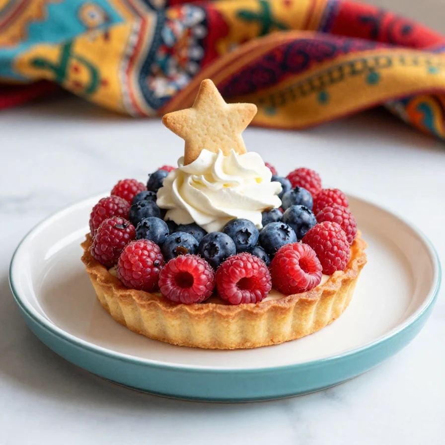 A colorful 4th of July fruit pizza decorated to resemble the American flag with strawberries and blueberries.