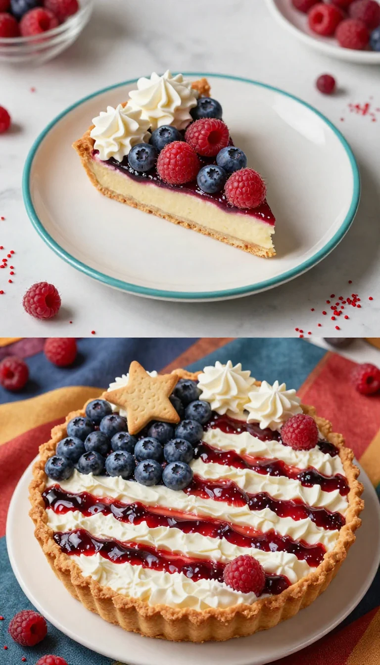 A colorful 4th of July fruit pizza decorated to resemble the American flag with strawberries and blueberries.