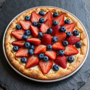 A colorful sheet pan fruit pizza topped with assorted fresh fruits and a creamy spread