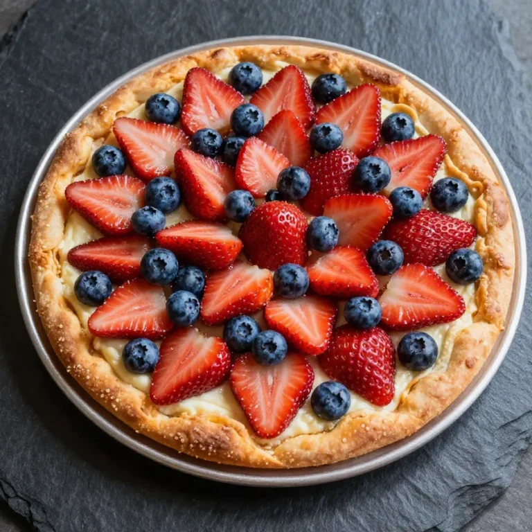 A colorful sheet pan fruit pizza topped with assorted fresh fruits and a creamy spread