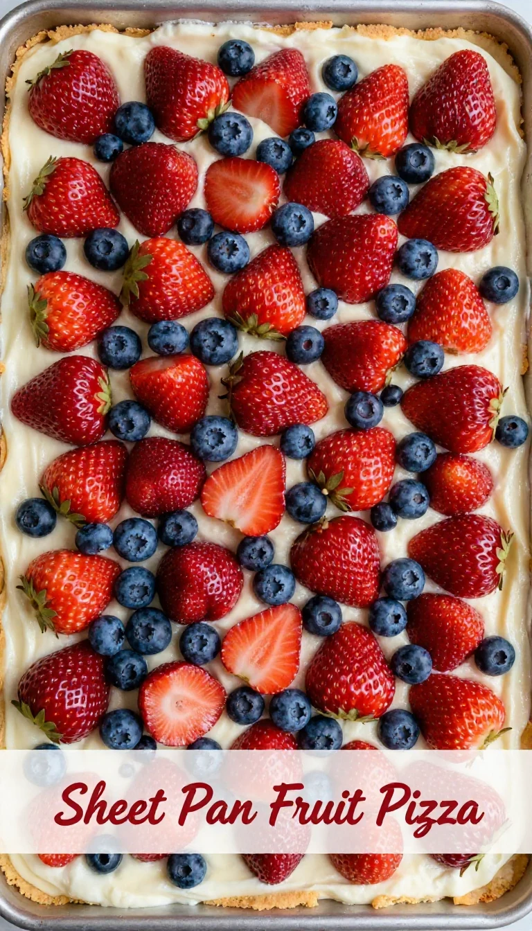 A colorful sheet pan fruit pizza topped with assorted fresh fruits and a creamy spread
