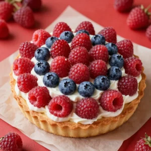 A colorful American flag fruit pizza topped with strawberries, blueberries, and whipped cream.