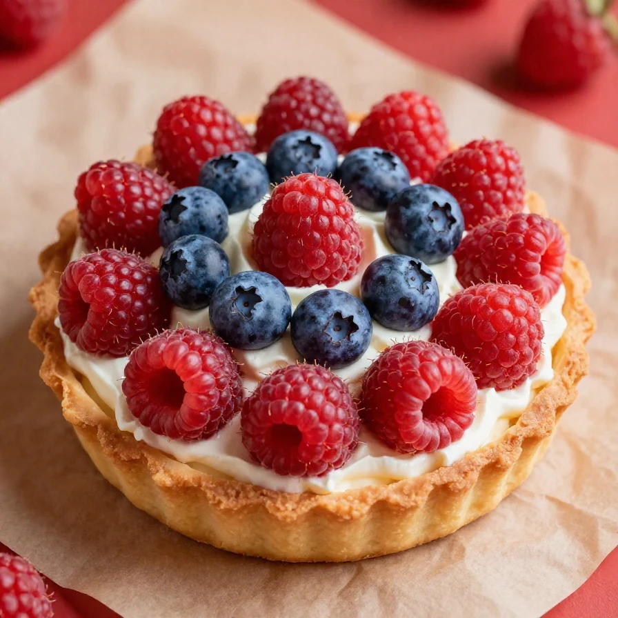 A colorful American flag fruit pizza topped with strawberries, blueberries, and whipped cream.