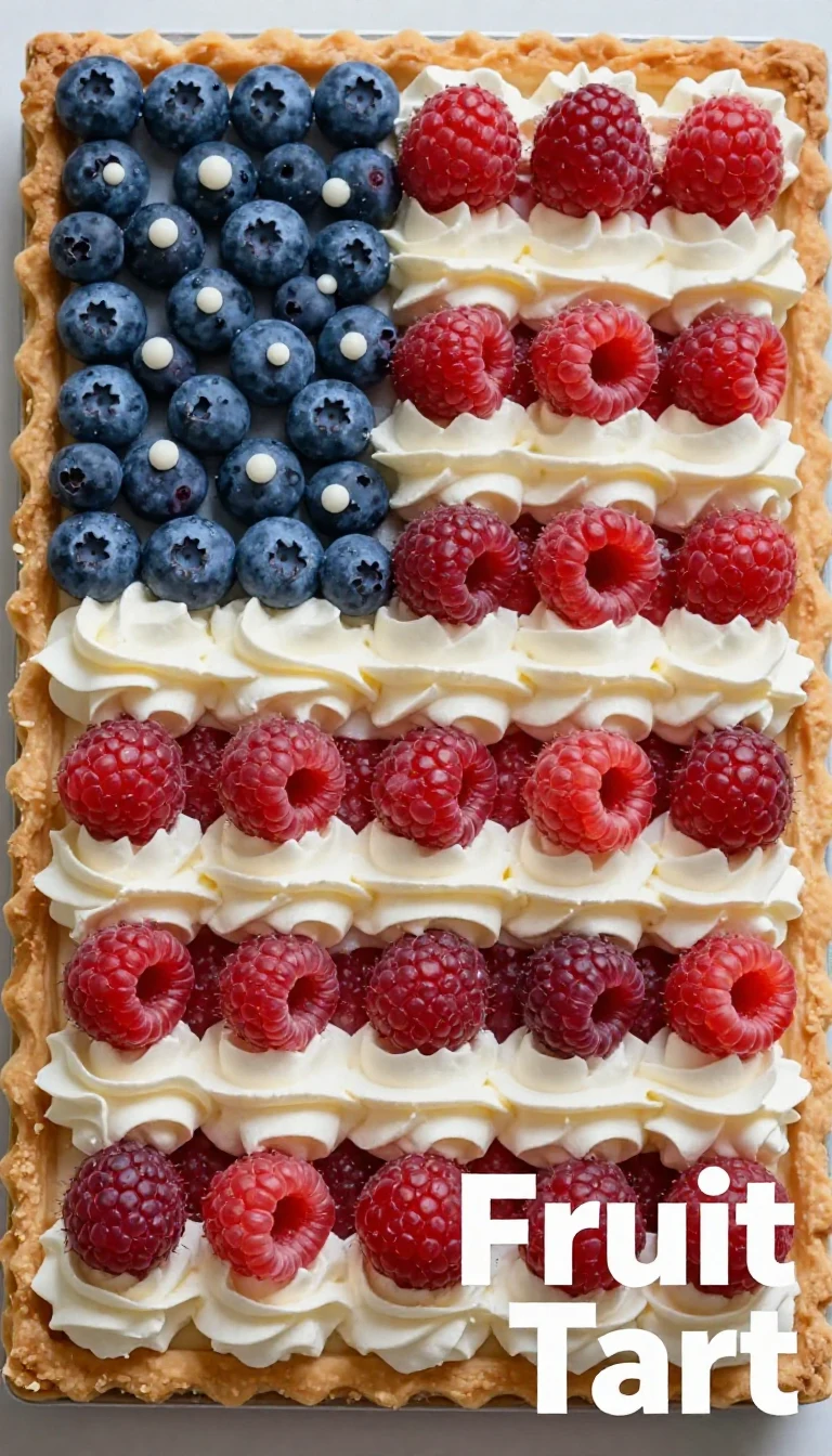 A colorful American flag fruit pizza topped with strawberries, blueberries, and whipped cream.