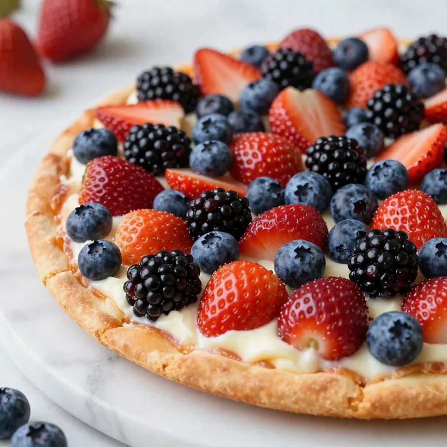 A colorful healthy fruit pizza topped with assorted fresh fruits and a yogurt-based spread on a whole grain crust