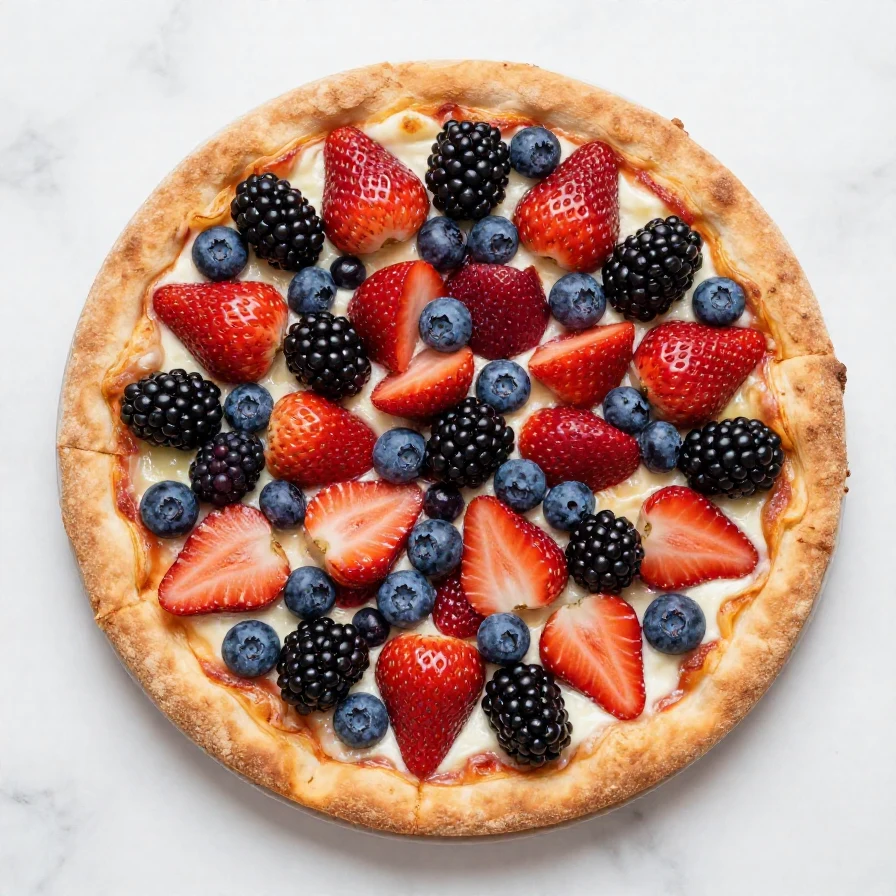 A colorful healthy fruit pizza topped with assorted fresh fruits and a yogurt-based spread on a whole grain crust