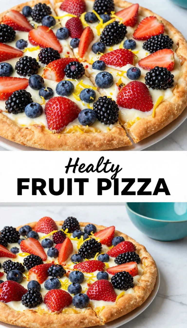 A colorful healthy fruit pizza topped with assorted fresh fruits and a yogurt-based spread on a whole grain crust