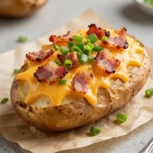 A plate of traditional twice baked potatoes topped with cheese and chives