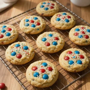 A plate of freshly baked cookies decorated with colorful sprinkles resembling fireworks, with a cookies and cream flavor