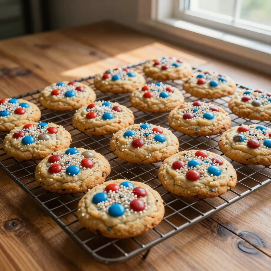 A plate of freshly baked cookies decorated with colorful sprinkles resembling fireworks, with a cookies and cream flavor
