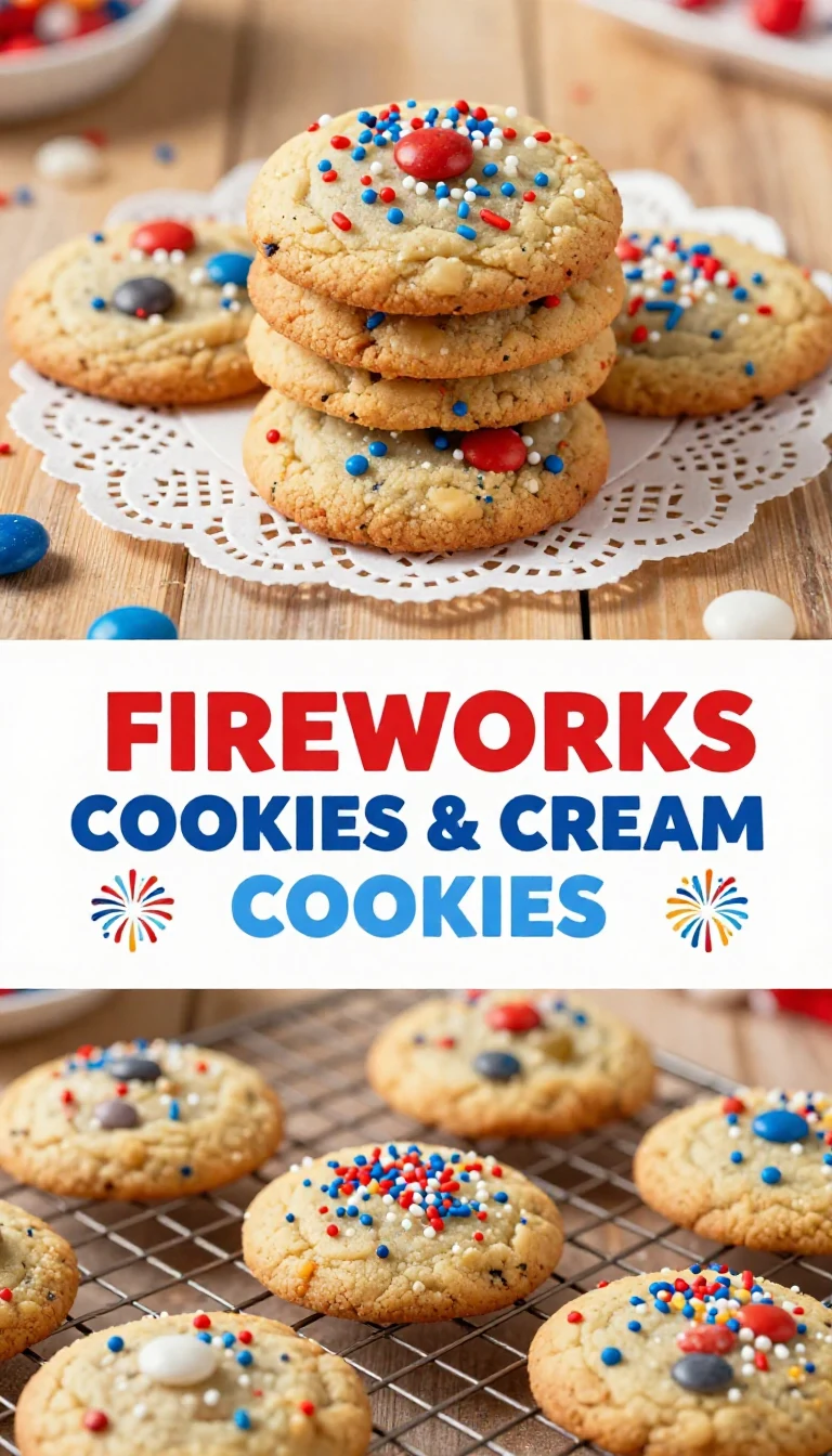 A plate of freshly baked cookies decorated with colorful sprinkles resembling fireworks, with a cookies and cream flavor