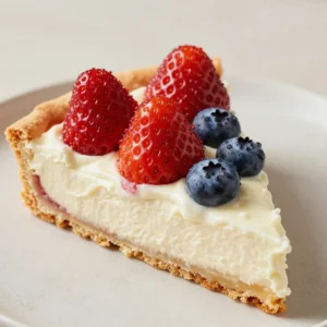 A colorful patriotic fruit pizza topped with strawberries, blueberries, and whipped cream arranged in a star pattern.