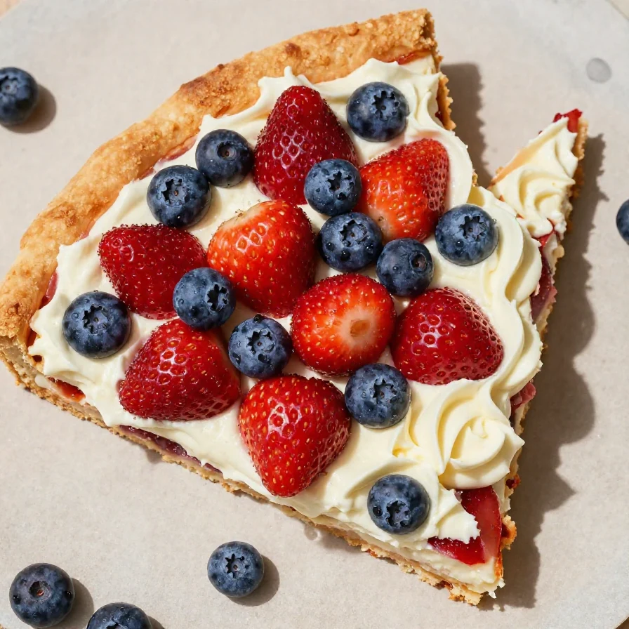 A colorful patriotic fruit pizza topped with strawberries, blueberries, and whipped cream arranged in a star pattern.