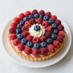 A colorful 4th of July fruit pizza topped with strawberries, blueberries, and whipped cream on a cookie crust