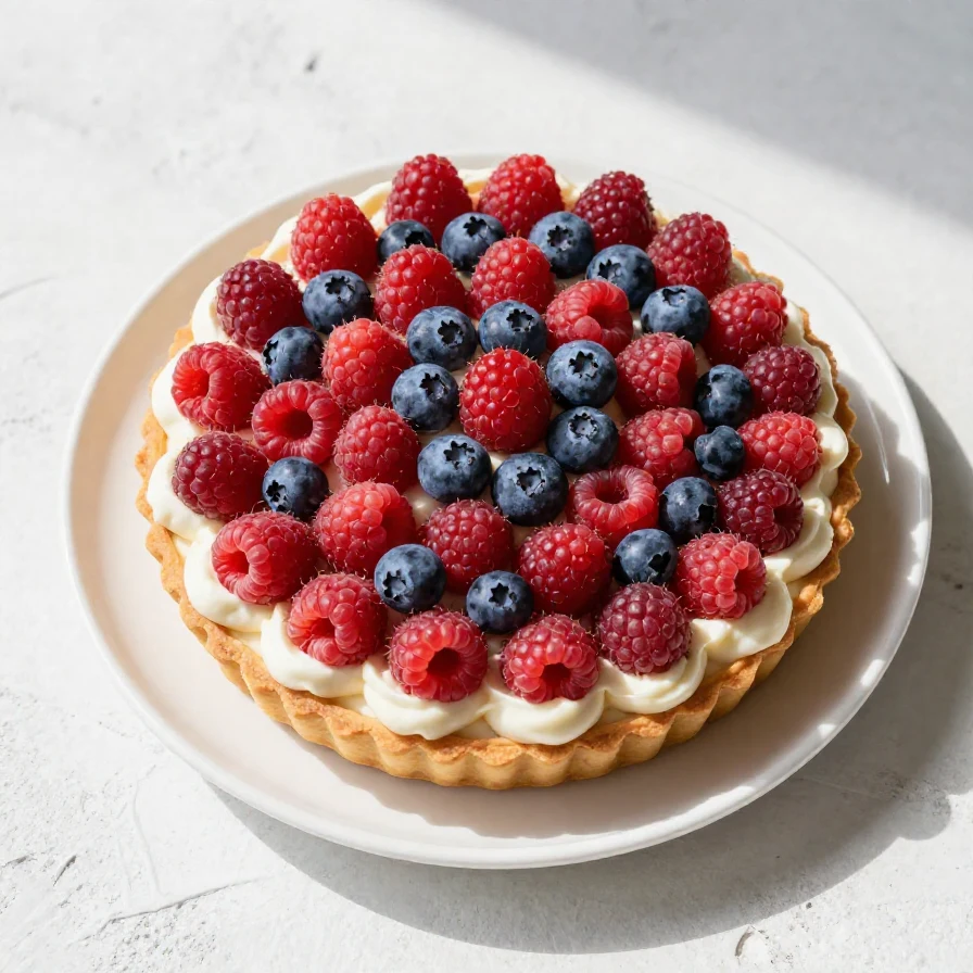 A colorful 4th of July fruit pizza topped with strawberries, blueberries, and whipped cream on a cookie crust