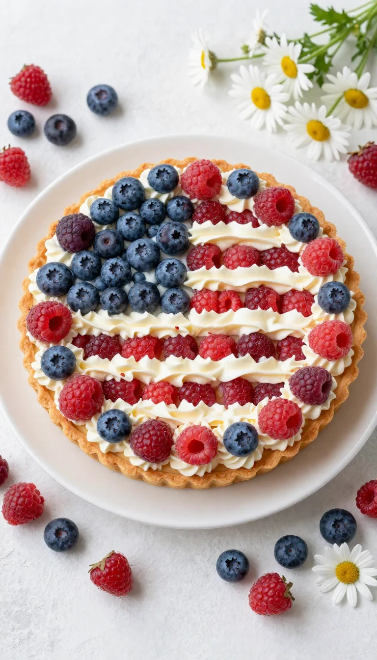 A colorful 4th of July fruit pizza topped with strawberries, blueberries, and whipped cream on a cookie crust