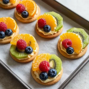 Colorful fruit pizza cookies topped with fresh strawberries, kiwi, and blueberries on a white plate