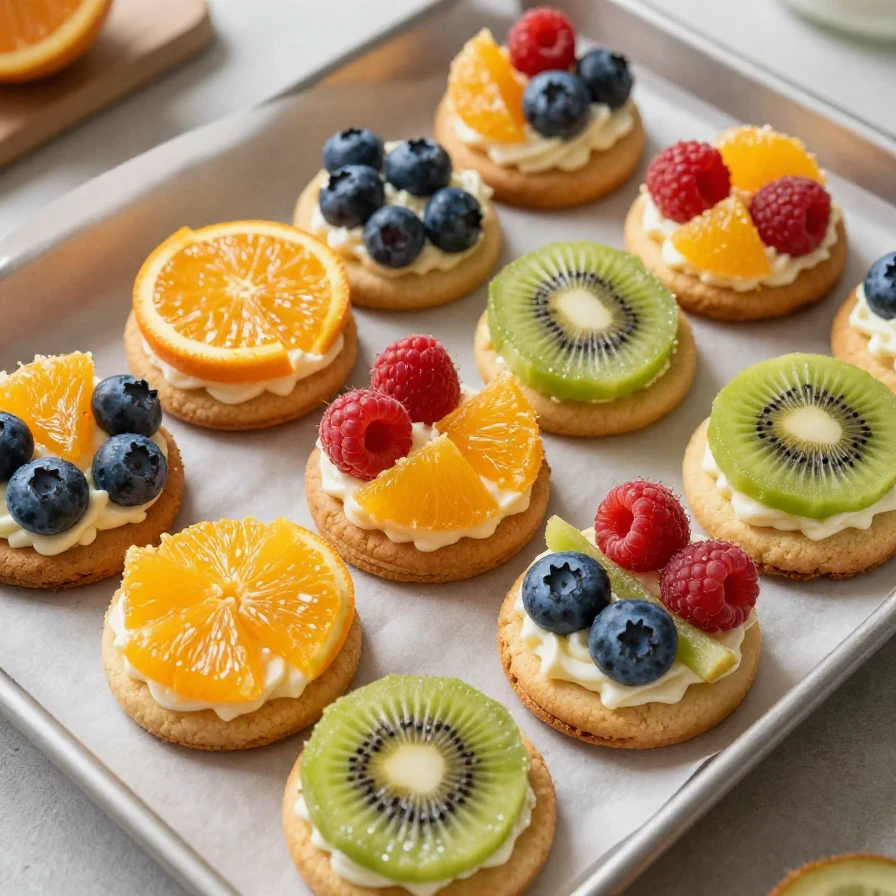 Colorful fruit pizza cookies topped with fresh strawberries, kiwi, and blueberries on a white plate