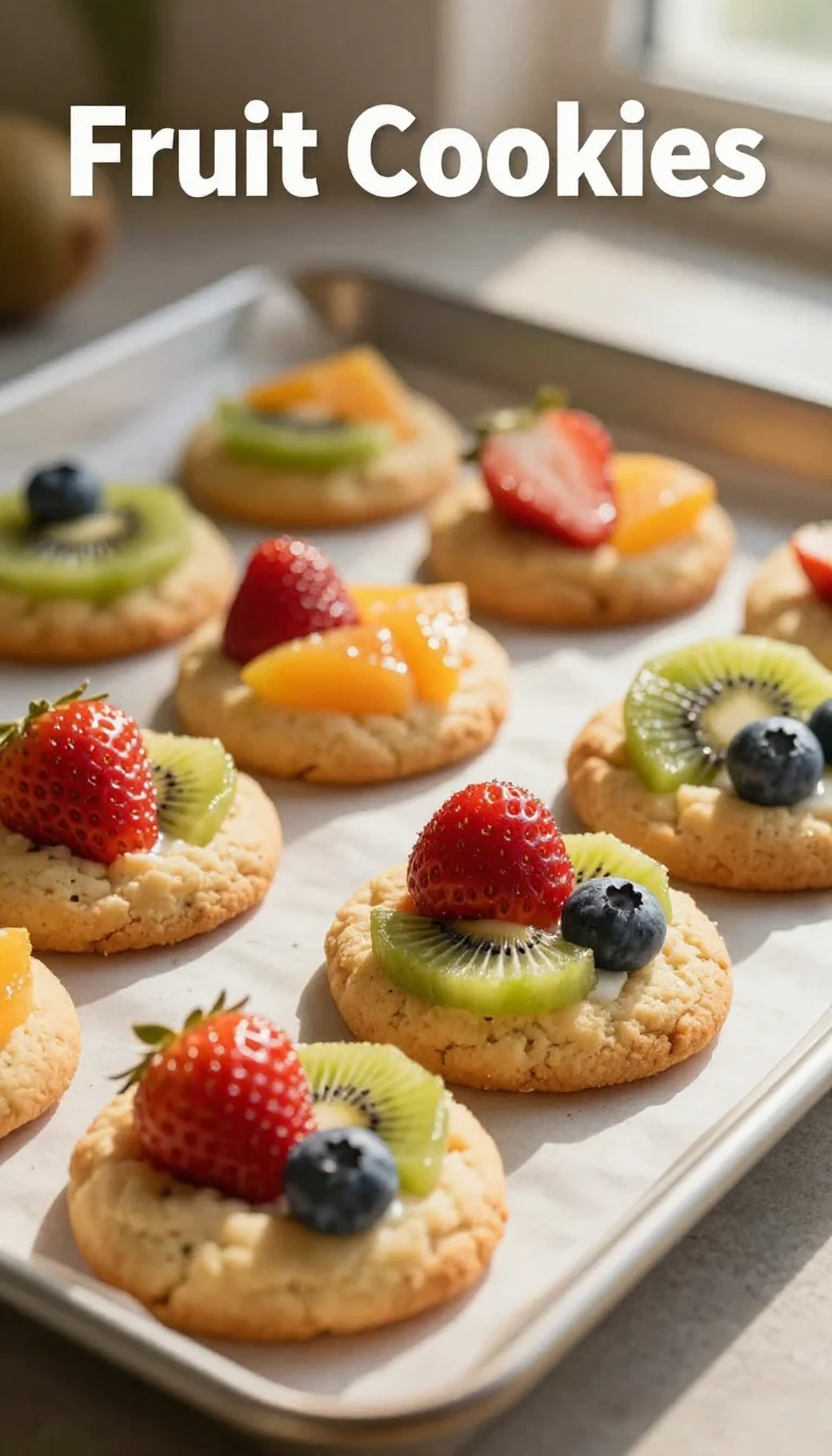 Colorful fruit pizza cookies topped with fresh strawberries, kiwi, and blueberries on a white plate