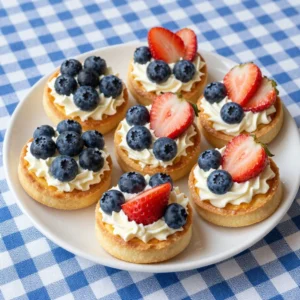 Colorful mini fruit pizza cups decorated with red, white, and blue fruits