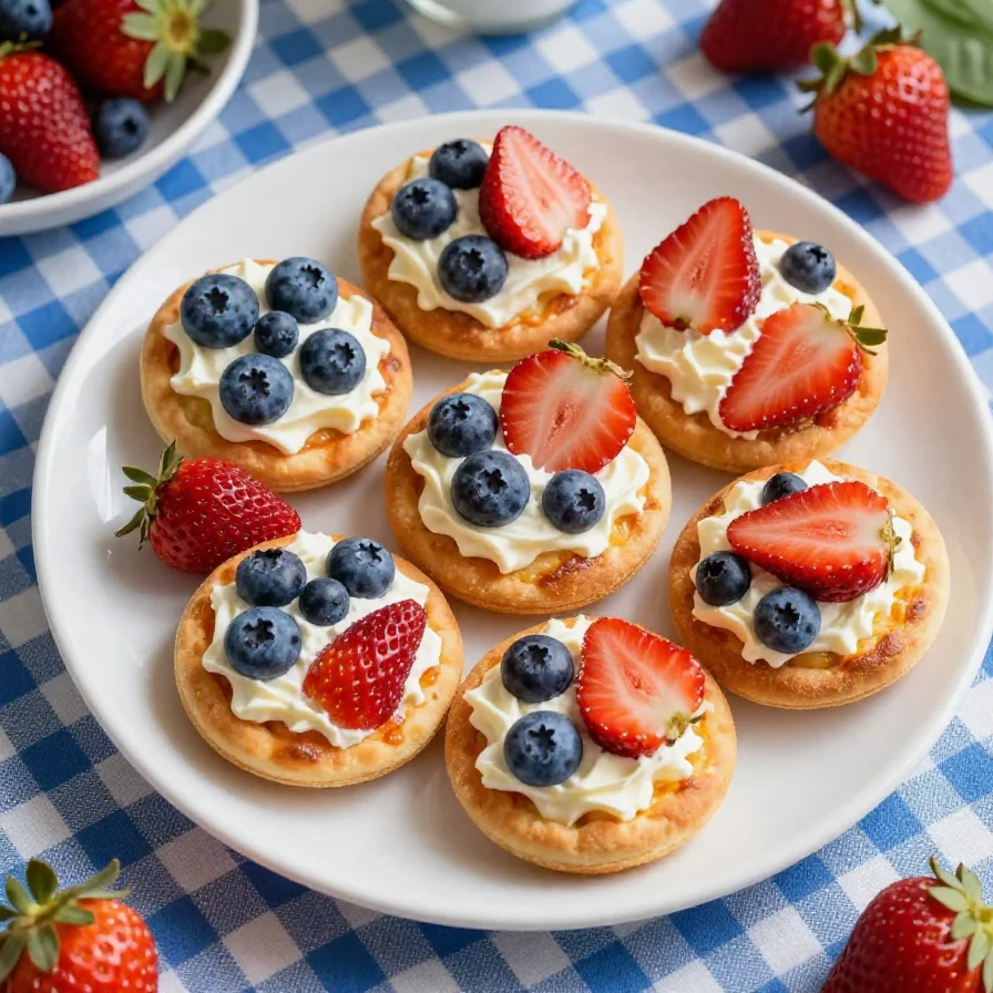 Colorful mini fruit pizza cups decorated with red, white, and blue fruits