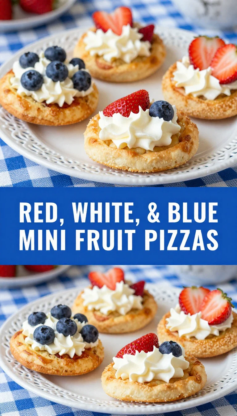 Colorful mini fruit pizza cups decorated with red, white, and blue fruits