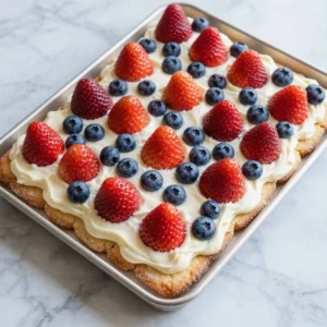 A colorful flag fruit pizza topped with fresh fruits on a sugar cookie crust