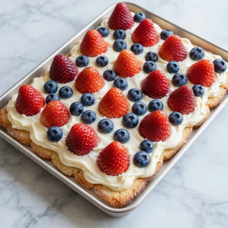 A colorful flag fruit pizza topped with fresh fruits on a sugar cookie crust