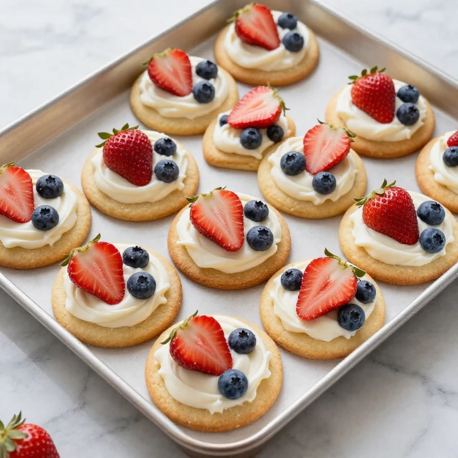 A colorful flag fruit pizza topped with fresh fruits on a sugar cookie crust