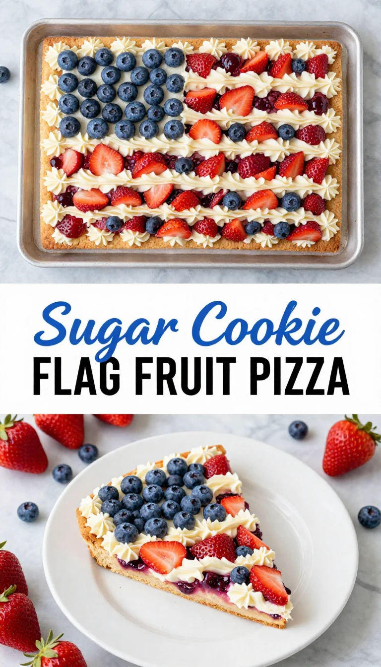 A colorful flag fruit pizza topped with fresh fruits on a sugar cookie crust