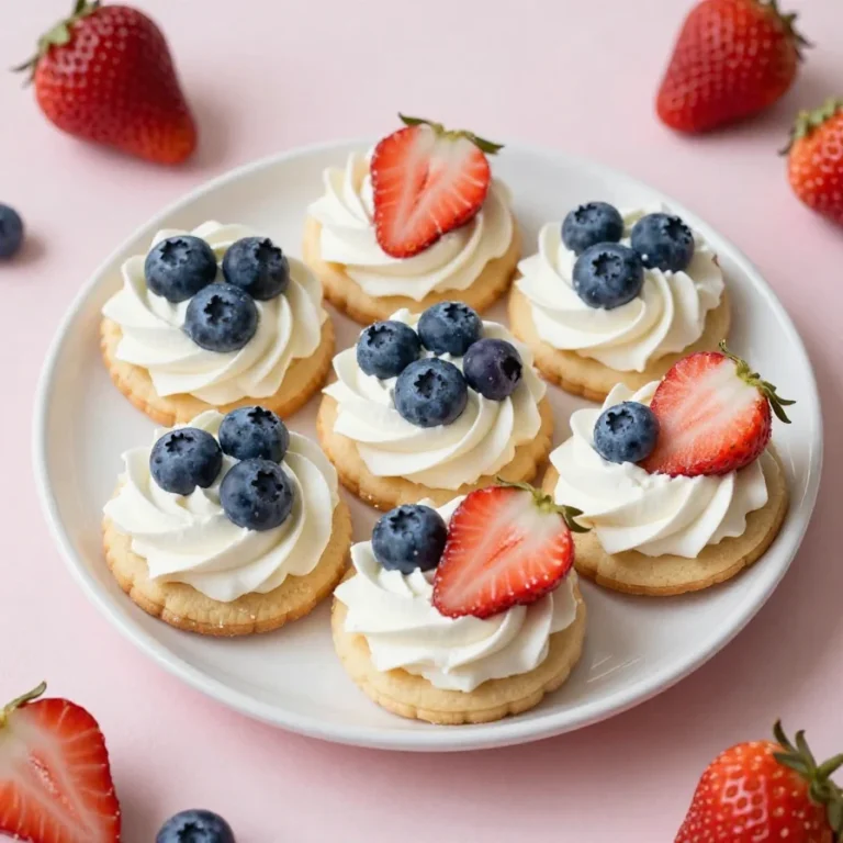 Colorful 4th of July fruit pizza cookies topped with strawberries, blueberries, and whipped cream