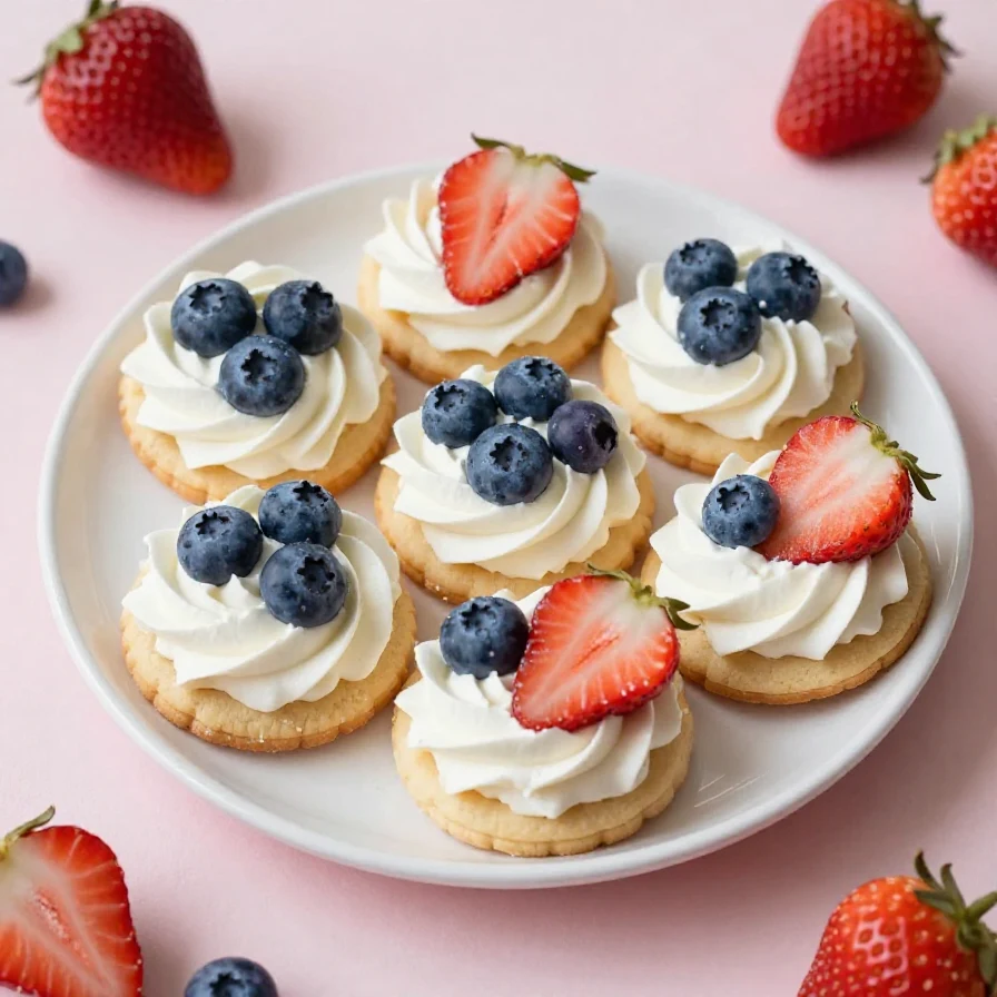 Colorful 4th of July fruit pizza cookies topped with strawberries, blueberries, and whipped cream