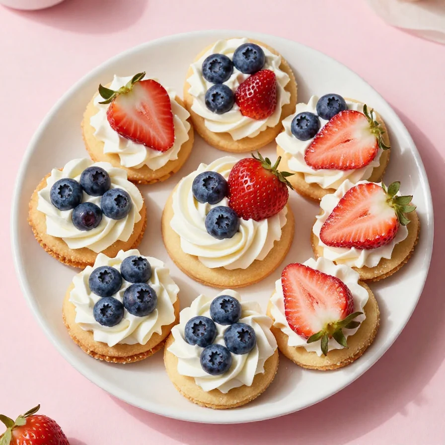 Colorful 4th of July fruit pizza cookies topped with strawberries, blueberries, and whipped cream