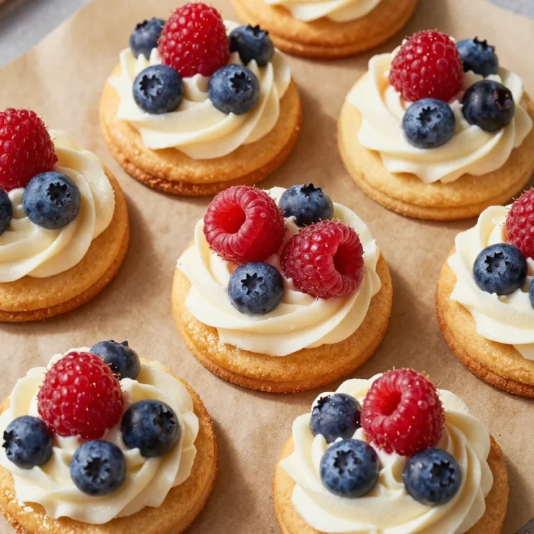A colorful assortment of red, white, and blue fruit pizza cookies decorated with fresh berries and cream cheese frosting, perfect for the 4th of July.