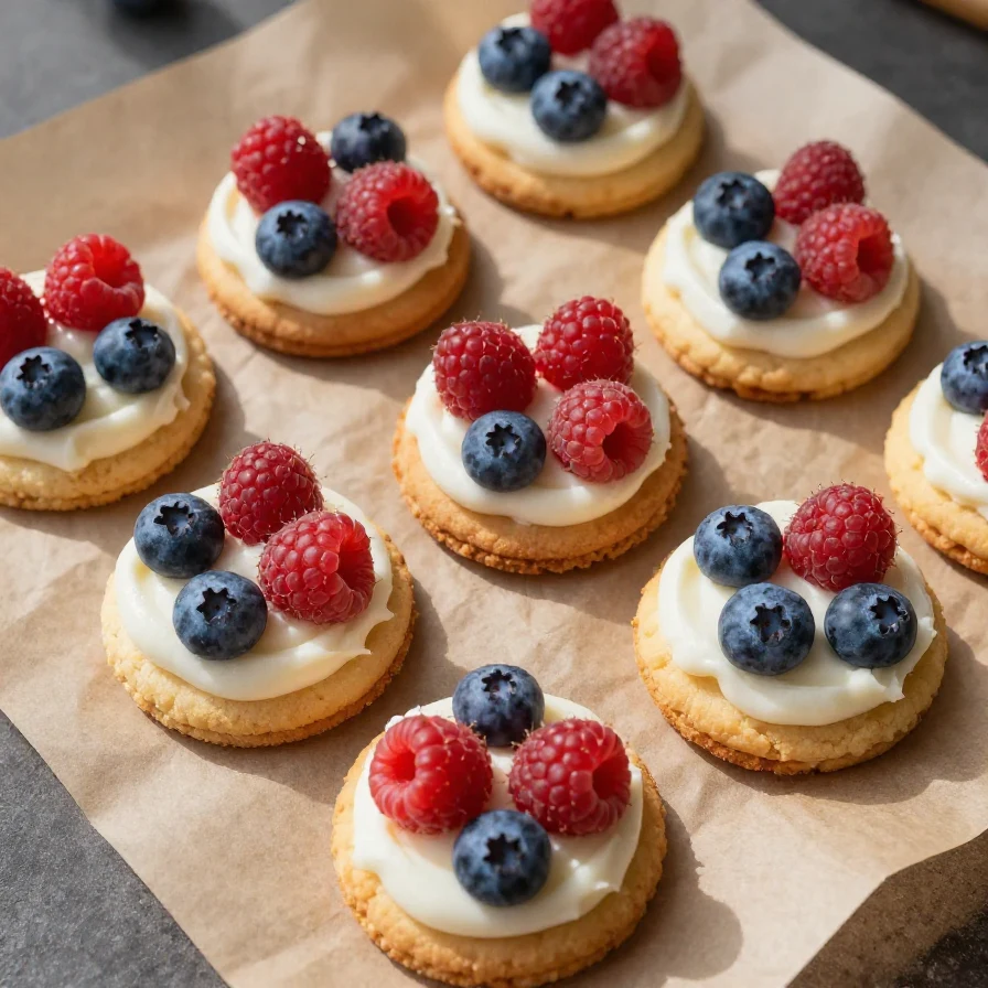A colorful assortment of red, white, and blue fruit pizza cookies decorated with fresh berries and cream cheese frosting, perfect for the 4th of July.