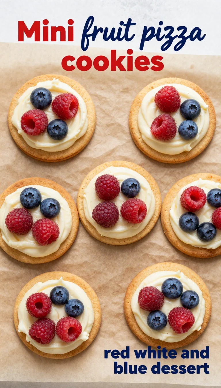 A colorful assortment of red, white, and blue fruit pizza cookies decorated with fresh berries and cream cheese frosting, perfect for the 4th of July.