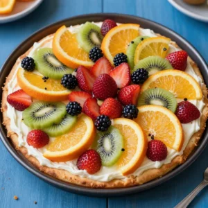 A colorful sugar cookie fruit pizza topped with fresh strawberries, kiwi, and blueberries