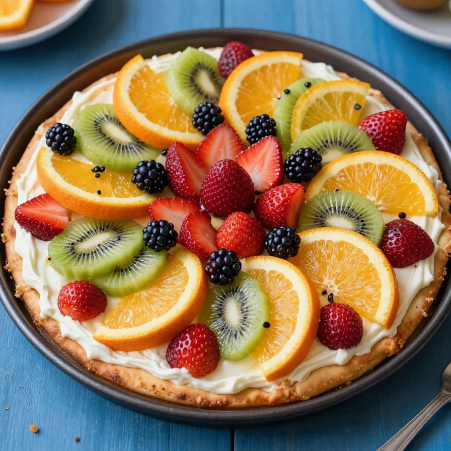 A colorful sugar cookie fruit pizza topped with fresh strawberries, kiwi, and blueberries