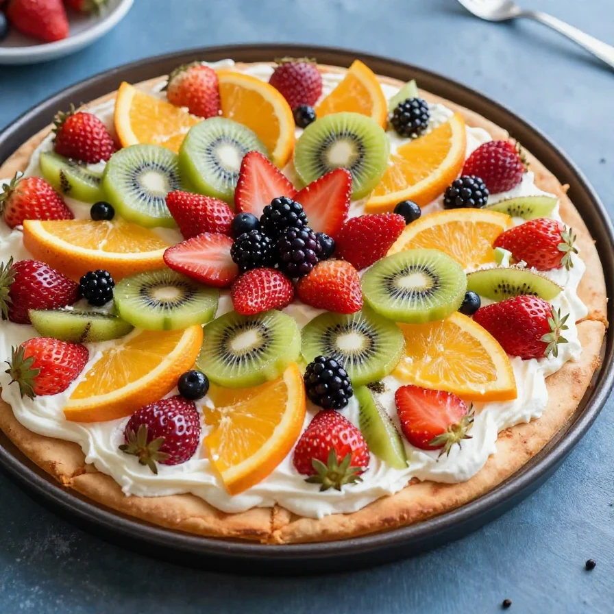 A colorful sugar cookie fruit pizza topped with fresh strawberries, kiwi, and blueberries