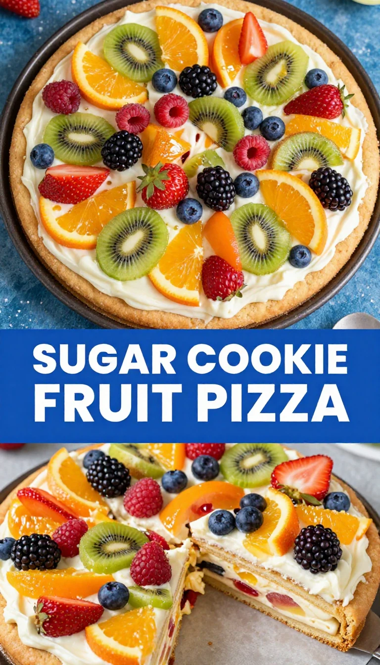 A colorful sugar cookie fruit pizza topped with fresh strawberries, kiwi, and blueberries