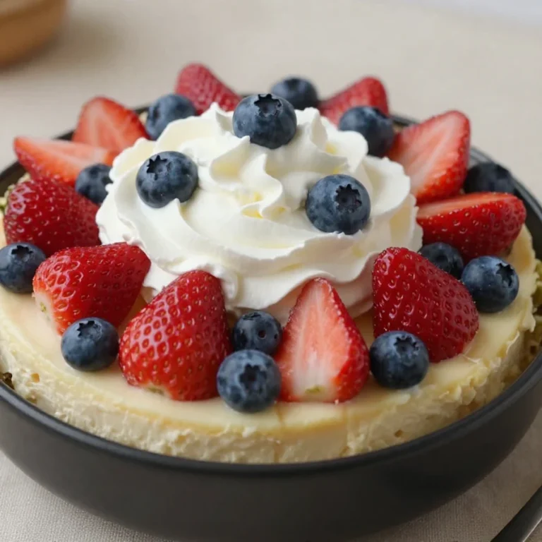 A bowl of creamy cheesecake salad topped with colorful fruits and nuts