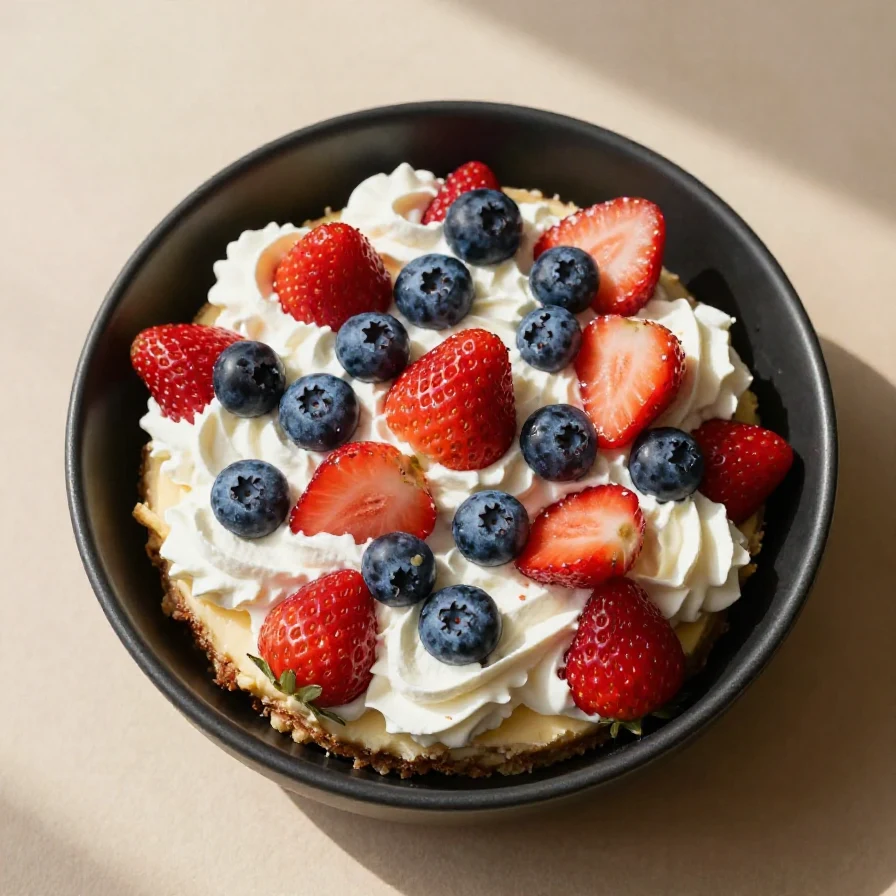 A bowl of creamy cheesecake salad topped with colorful fruits and nuts