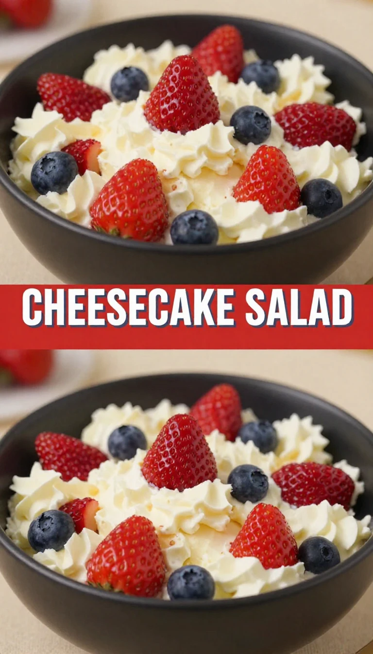 A bowl of creamy cheesecake salad topped with colorful fruits and nuts
