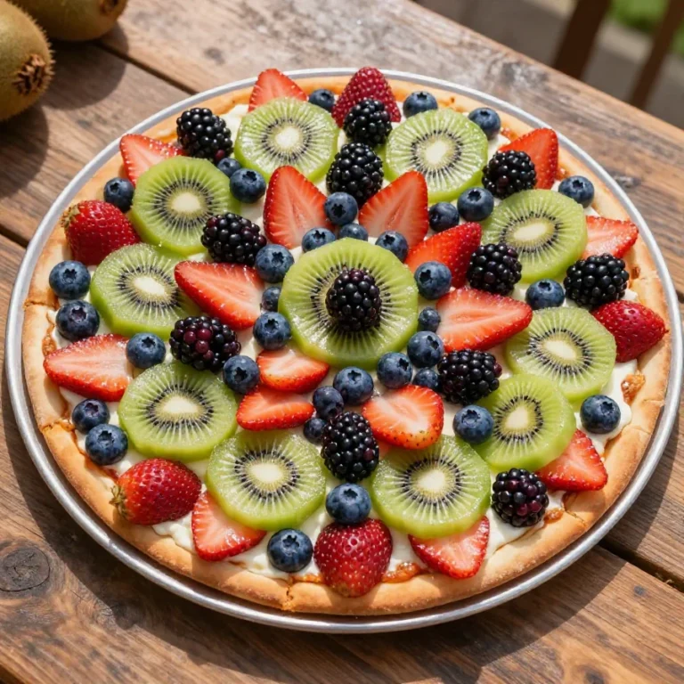 A colorful fruit pizza topped with assorted fresh fruits on a cookie crust