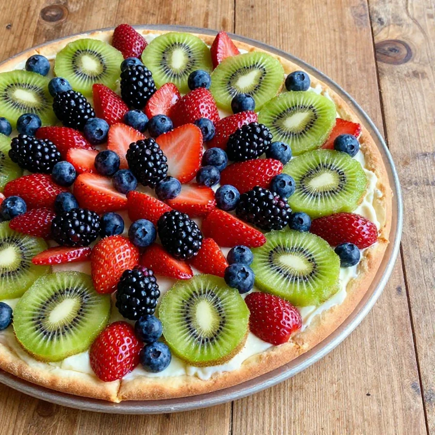 A colorful fruit pizza topped with assorted fresh fruits on a cookie crust