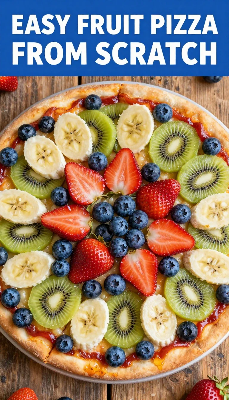 A colorful fruit pizza topped with assorted fresh fruits on a cookie crust
