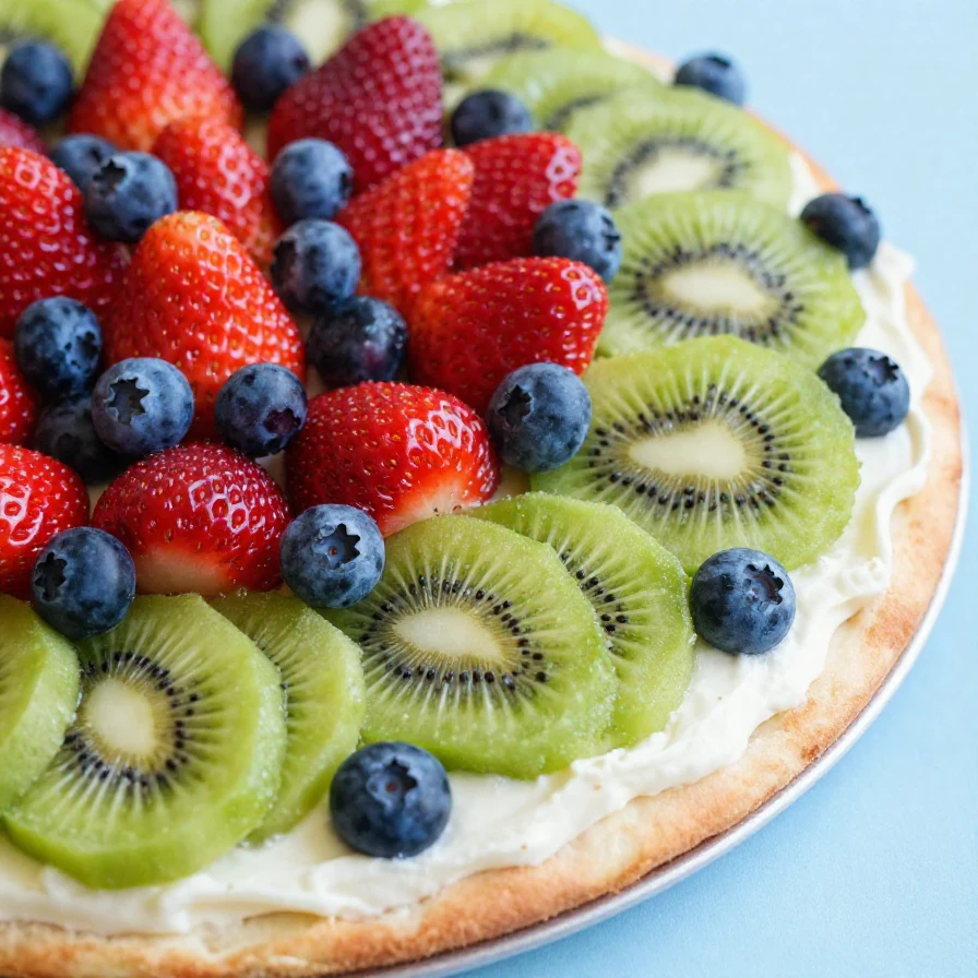 Colorful mini fruit pizzas topped with fresh strawberries, blueberries, and kiwi on a white plate