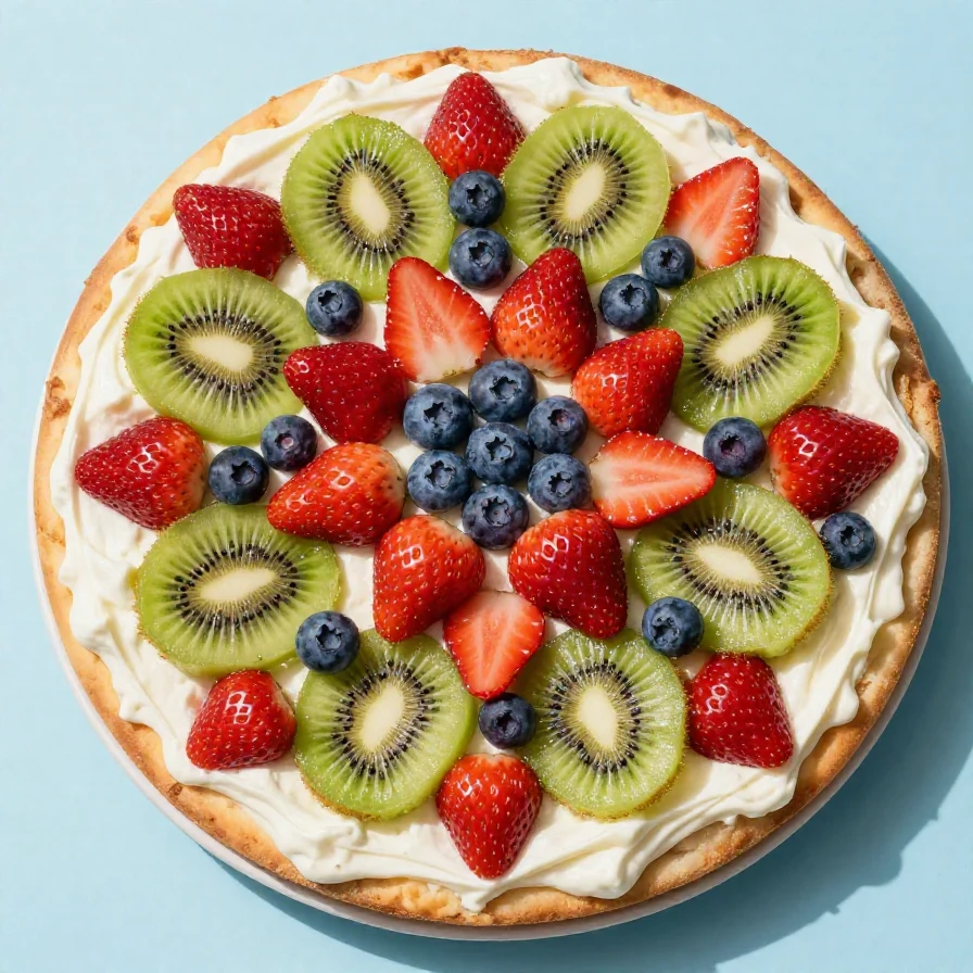 Colorful mini fruit pizzas topped with fresh strawberries, blueberries, and kiwi on a white plate